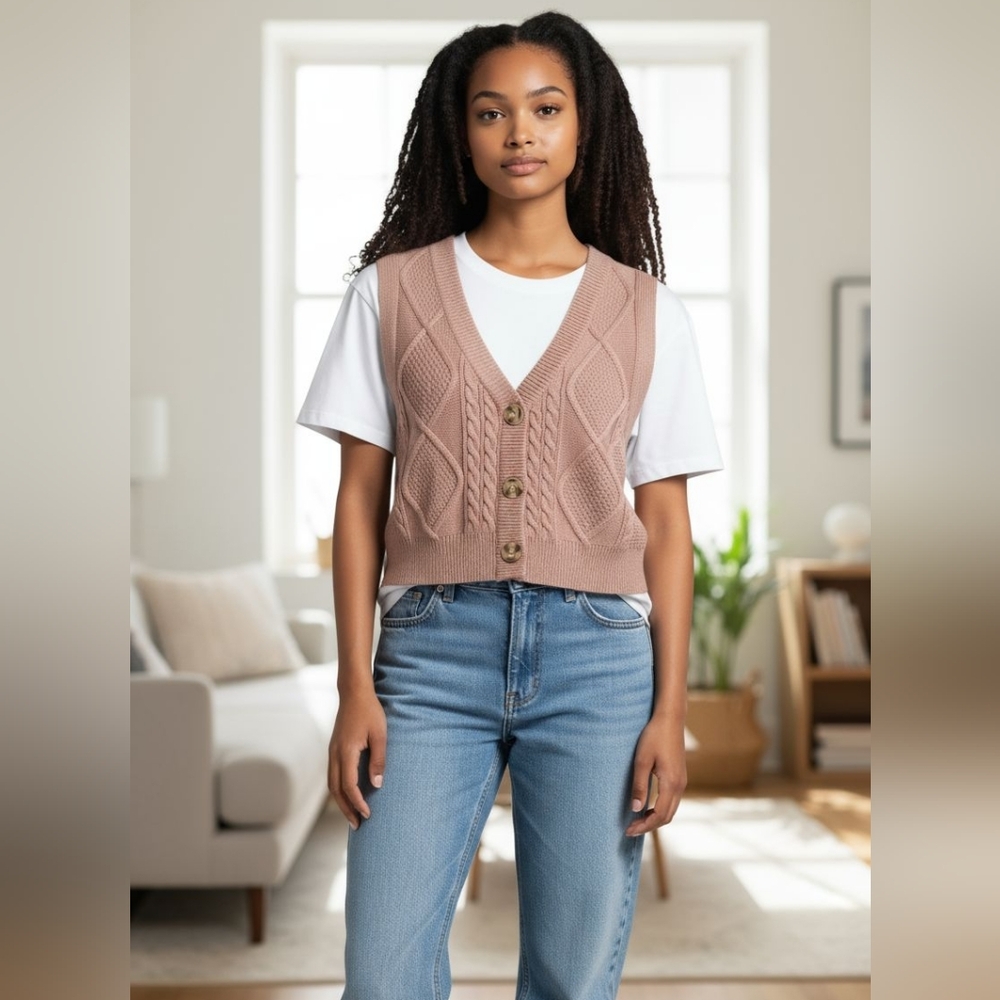 😻 3/$30 BNWT Moon & Madison Cropped Pink Cable Knit Sweater Vest Size Medium